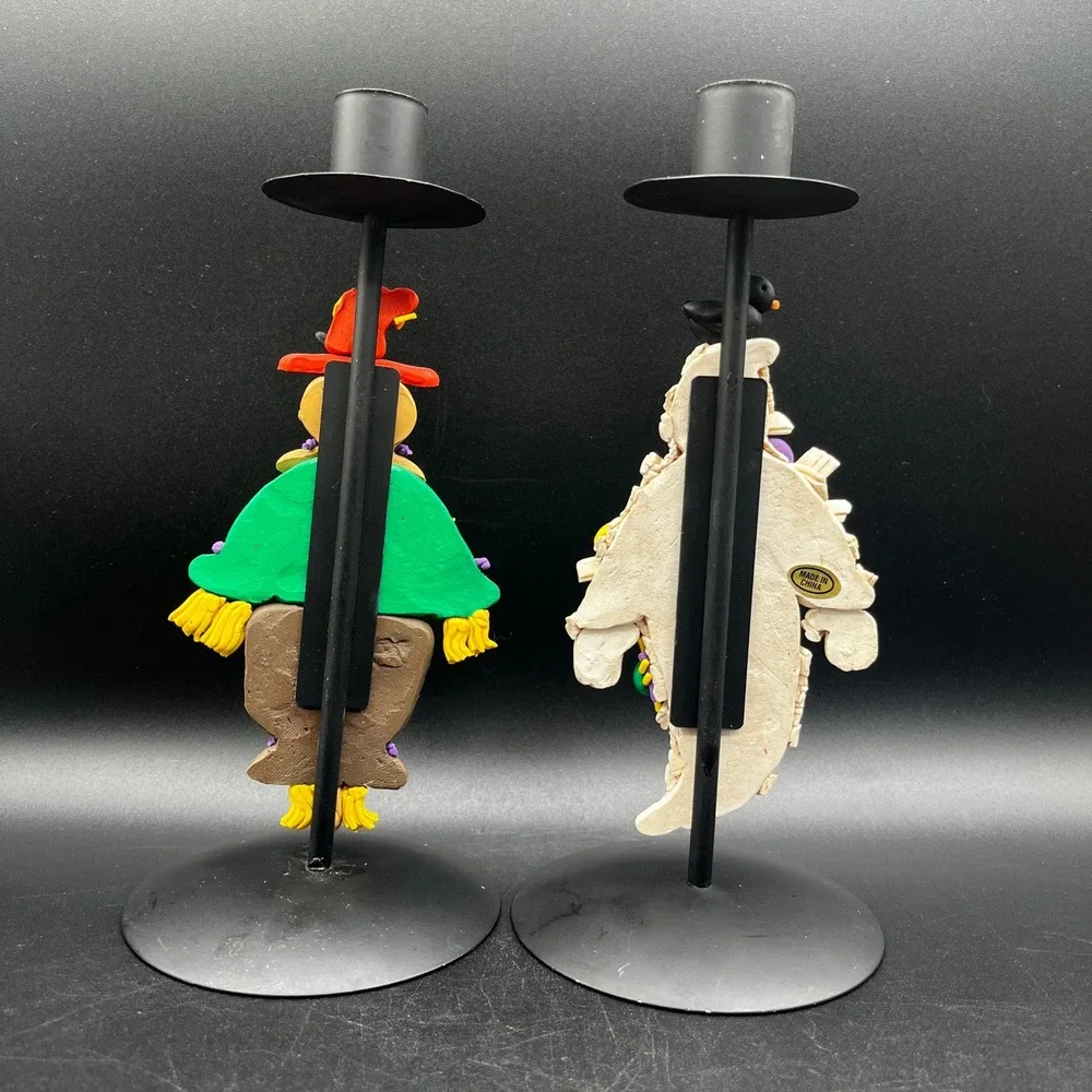 Scarecrow & Mummy Pair Of Halloween‎ Decor Black Metal Candle Holders Clay 8.5